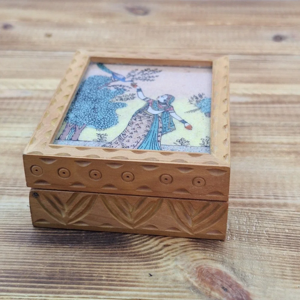 Vintage Indian Wood Jewelry Box Gemstone Sand Painting Peacock Hand Carved